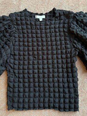 Anthropologie Eri and Ali Black Textured Bubble Puff Sleeve Top